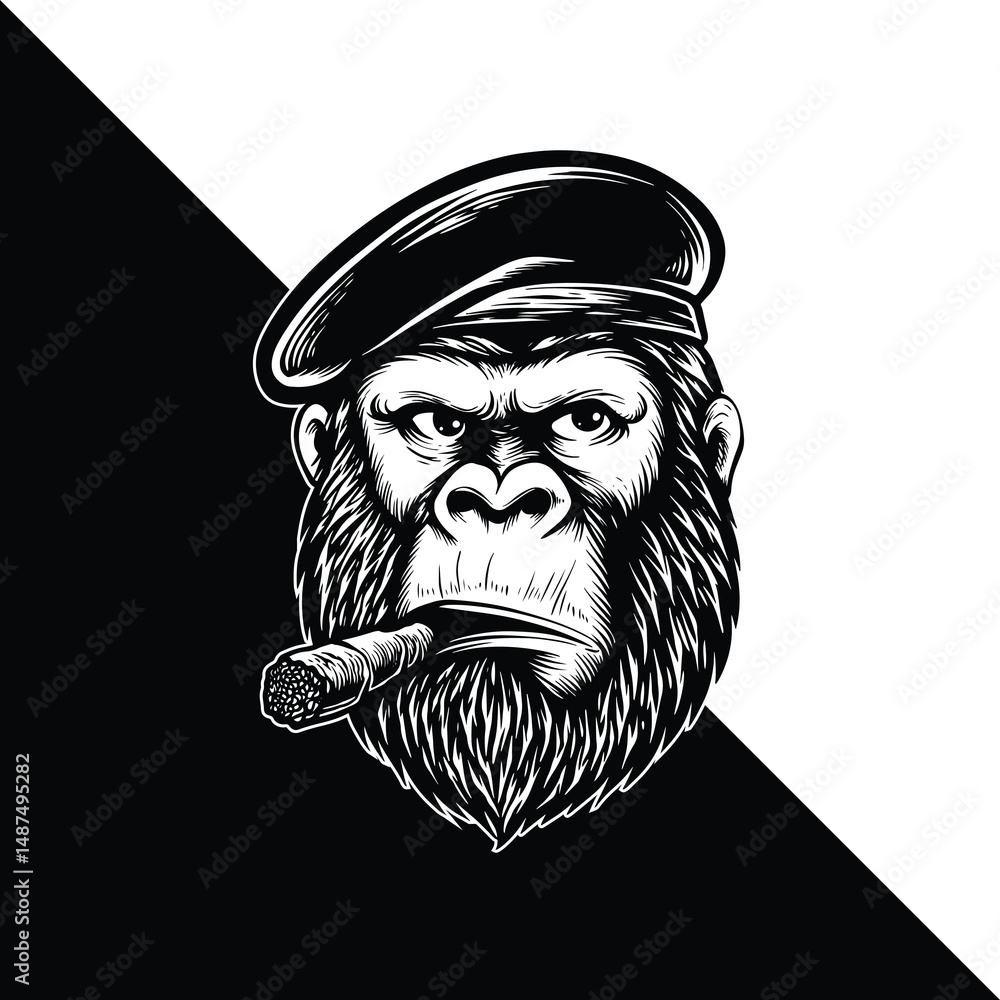 Fototapeta premium Gorilla Smoking Cigar Vector, Vintage Black and White Gorilla Head Illustration with Beret Hat