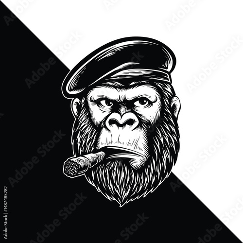 Gorilla Smoking Cigar Vector, Vintage Black and White Gorilla Head Illustration with Beret Hat