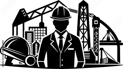 Construction manager silhouette overseeing project with cranes and buildings flat black and white