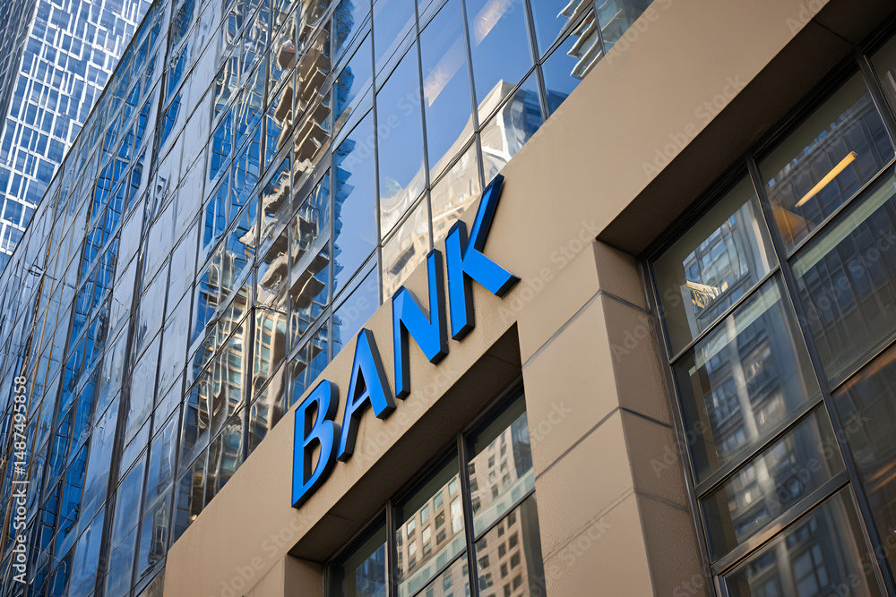 Obraz premium Architectural facade of a financial institution with modern glass reflections and signage