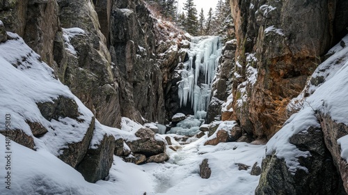 Snowy gorge with an icy waterfall cascading through a rocky canyon.