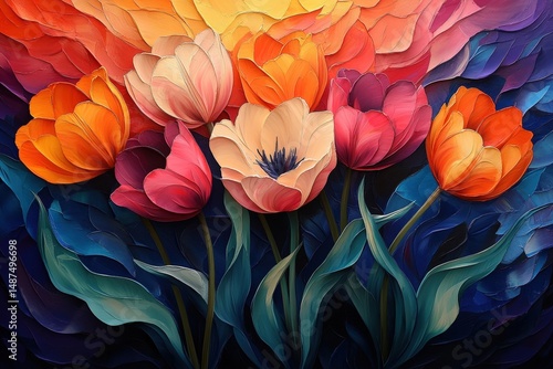 Wallpaper Mural Vibrant Tulips Swaying Gracefully in the Wind Under a Colorful Sky During Springtime in a Flower Garden Torontodigital.ca