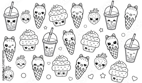 Cute kawaii coloring page with funny characters. Vector illustration on white background