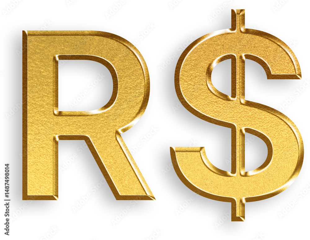 Obraz premium Gold Real Icon – 3D Glossy Golden Brazilian Real Sign Symbol with Metallic Shine and Shadowed Style for Currency Graphics, South American Economy, Wealth Icons, and Financial Business Use