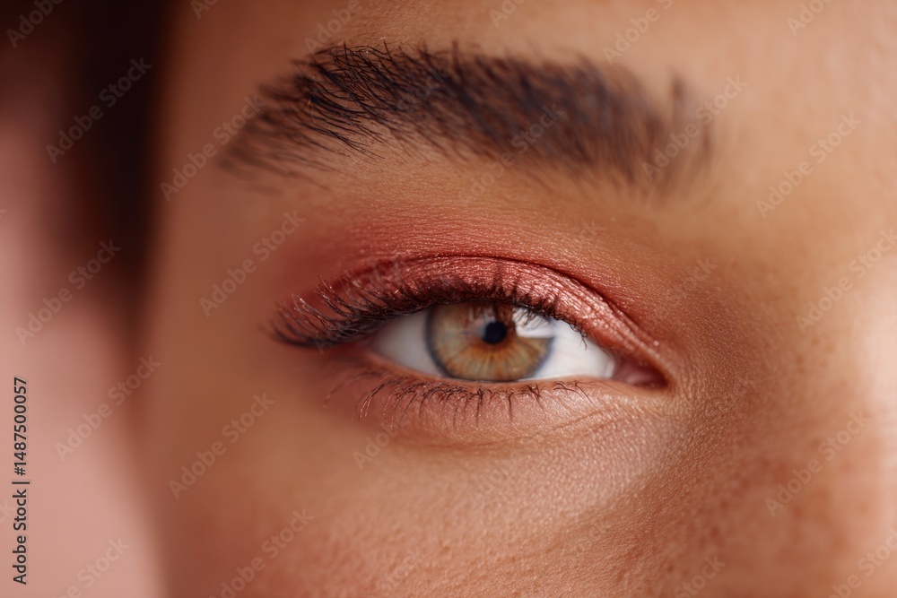 Fototapeta premium close-up of single eye showcasing vivid modern makeup surrounded by ample skin tone to emphasize minimalism