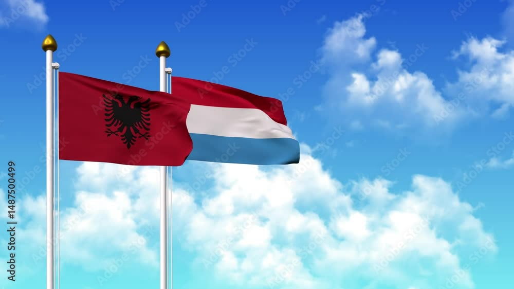 Waving flags of ALBANIA and LUXEMBOURG on pole included with alpha channel Waving flags of ALBANIA and LUXEMBOURG on pole included with alpha channel