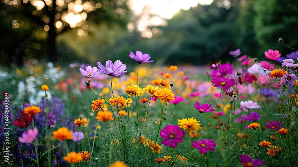 Obraz premium Blooming flowers in meadow with dreamy landscapes and gardens concept. A vibrant field of blooming flowers in various colors and shapes.