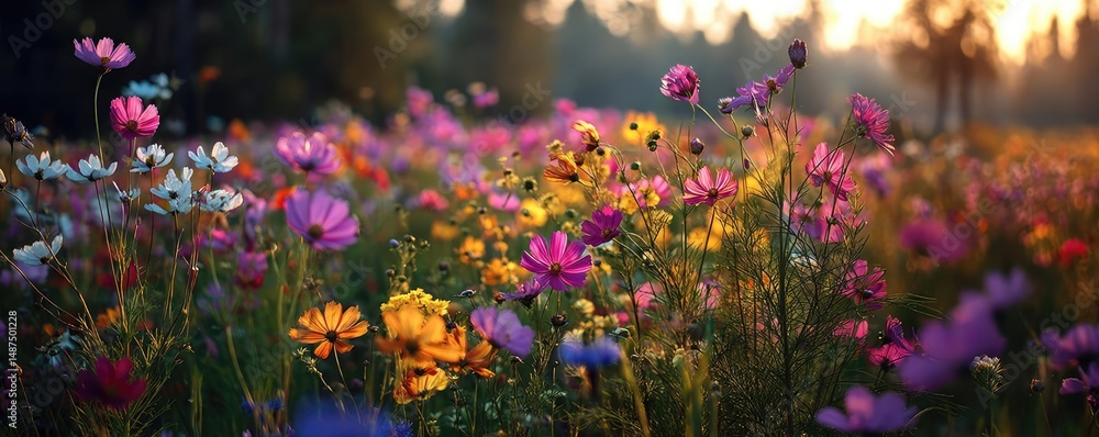 Obraz premium Blooming flowers in meadow with glowing landscapes and nature concept. Vibrant field of colorful wildflowers glowing in golden sunlight.