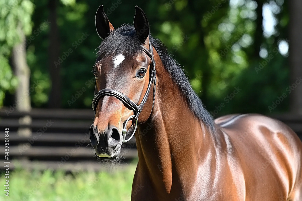 Obraz premium Horse galloping freely in a lush green field, showcasing power and grace under the sunlight