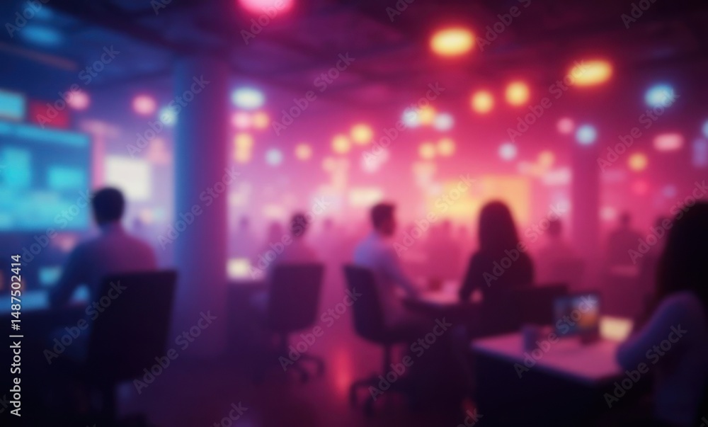 Audience in a modern conference setting illuminated by colorful lights. Audience in a modern conference setting illuminated by colorful lights.