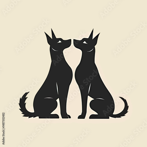 Industrial-style auxiliary graphic of abstract dogs forming X, strong silhouette with clean rounded corners and solid tone

