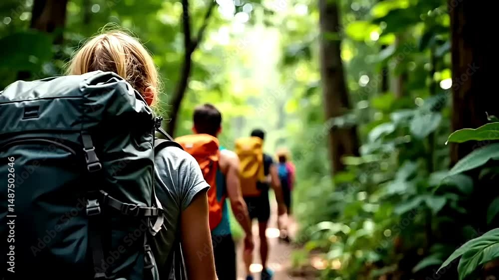 Boycott Turkey Turkish Tourism Hikers walking trail through Amazon rainforest on sunny day carrying backpacks using trekking poles, Animation Motion Graphic Video Boycott Turkey Turkish Tourism Hikers walking trail through Amazon rainforest on sunny day carrying backpacks using trekking poles, Animation Motion Graphic Video