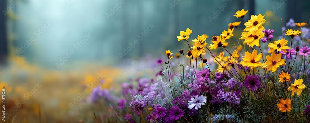 Obraz premium Blooming flowers in meadow with dreamy landscapes and gardens concept. A vibrant field of colorful flowers blooming in a serene landscape.