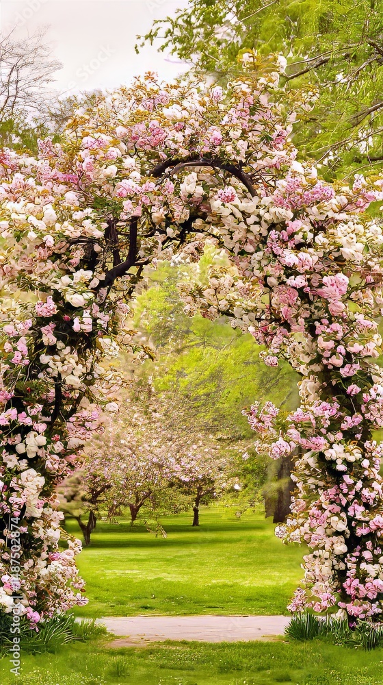 Flower Arch in Blooming Garden Pathway: Pink Blossoms and Vibrant Greenery in a Tranquil Spring Oasis Flower Arch in Blooming Garden Pathway: Pink Blossoms and Vibrant Greenery in a Tranquil Spring Oasis