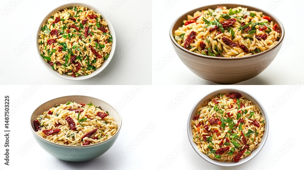 Four views of orzo pasta salad with sun-dried tomatoes and herbs in bowls Four views of orzo pasta salad with sun-dried tomatoes and herbs in bowls