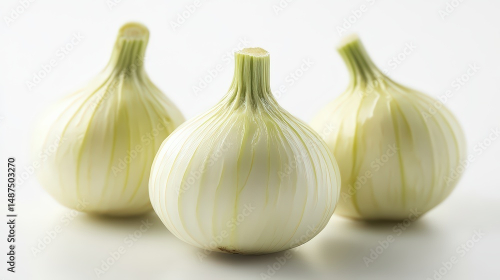 Obraz premium Still life of three fresh white onions on a clean white surface, a culinary harmony