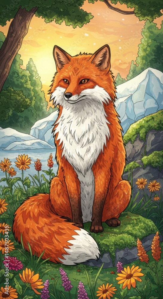 Fototapeta premium Majestic Fox in Mountain Meadow at Sunset
