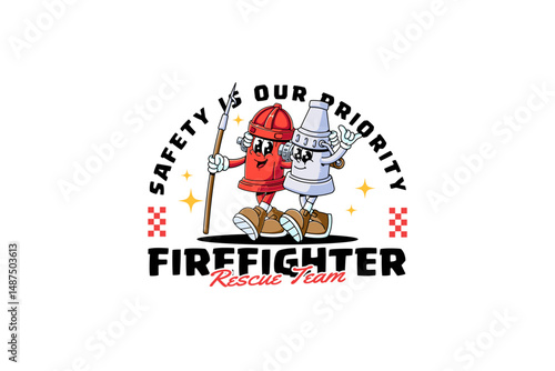 hydrant pillar and fire hose nozzle retro cartoon character mascot illustration with walking, holding halligan bar, showing peace hand for firefighter, fireman, rescuer team mascots and merchandise