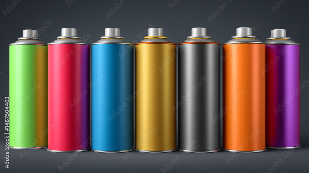 A vibrant collection of colorful spray paint cans arranged in a row. A vibrant collection of colorful spray paint cans arranged in a row.
