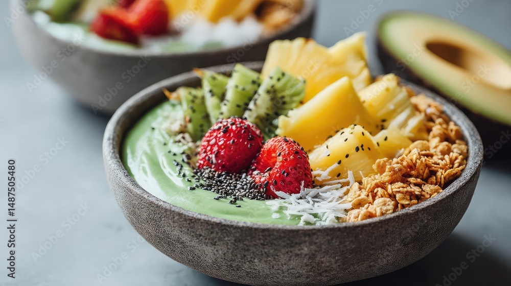 Healthy smoothie bowl with chia and sweet vegan dessert concept. Delicious smoothie bowl topped with fresh fruits and granola. Healthy smoothie bowl with chia and sweet vegan dessert concept. Delicious smoothie bowl topped with fresh fruits and granola.