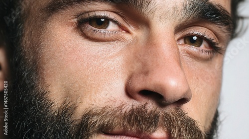 Thoughtful Bearded Man with Dark Eyes in Close-Up Portrait