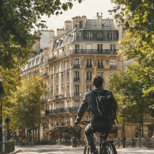 Fototapeta Naklejka Na Ścianę i Meble -  Man Cycling on a Sunny Parisian Street