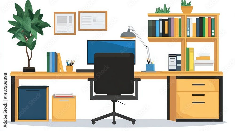 Stylish home office setup with clean desk and well-organized workspace display Stylish home office setup with clean desk and well-organized workspace display