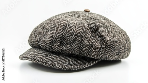 Stylish herringbone pattern newsboy cap with button detail on white background