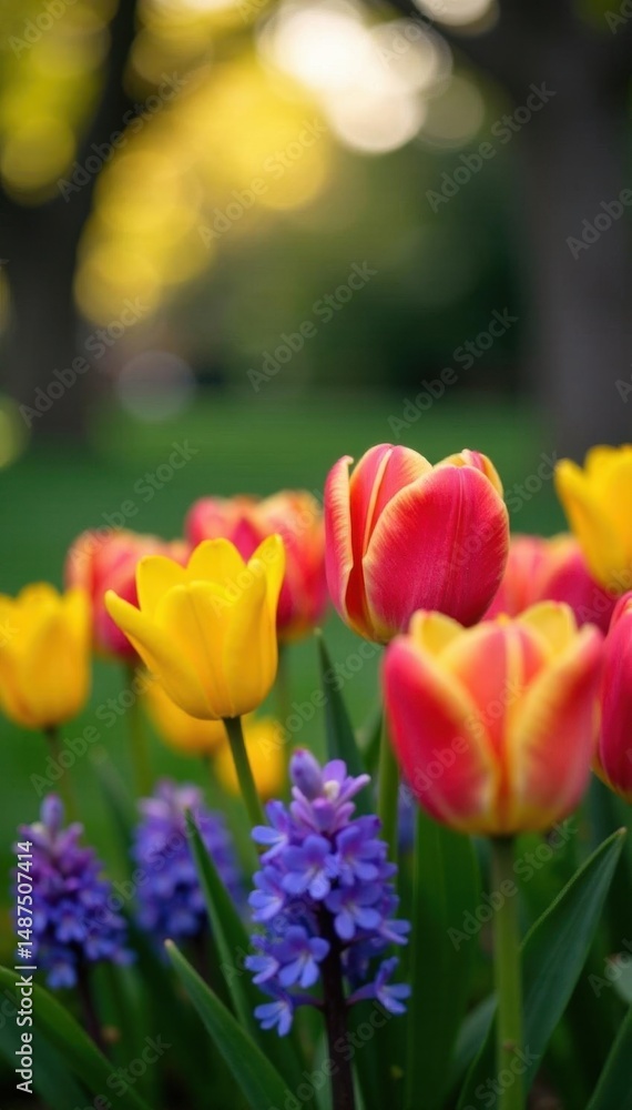 Fototapeta premium Vibrant tulips, daffodils, hyacinths form a lush spring border , spring backdrop, natural frame, springtime blooms