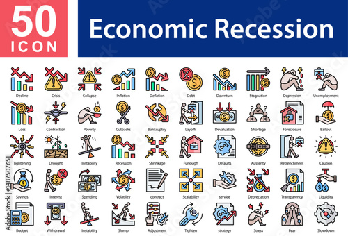 Economic RecessionIcon Icon Collection and Symple Concept Flat Color
