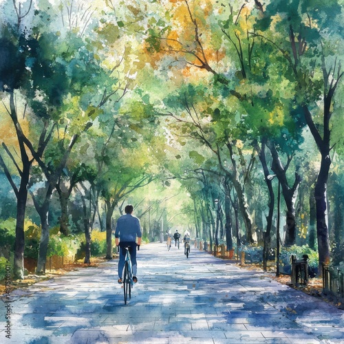 Man Cycling on Sunny Tree Lined Path Watercolor Painting