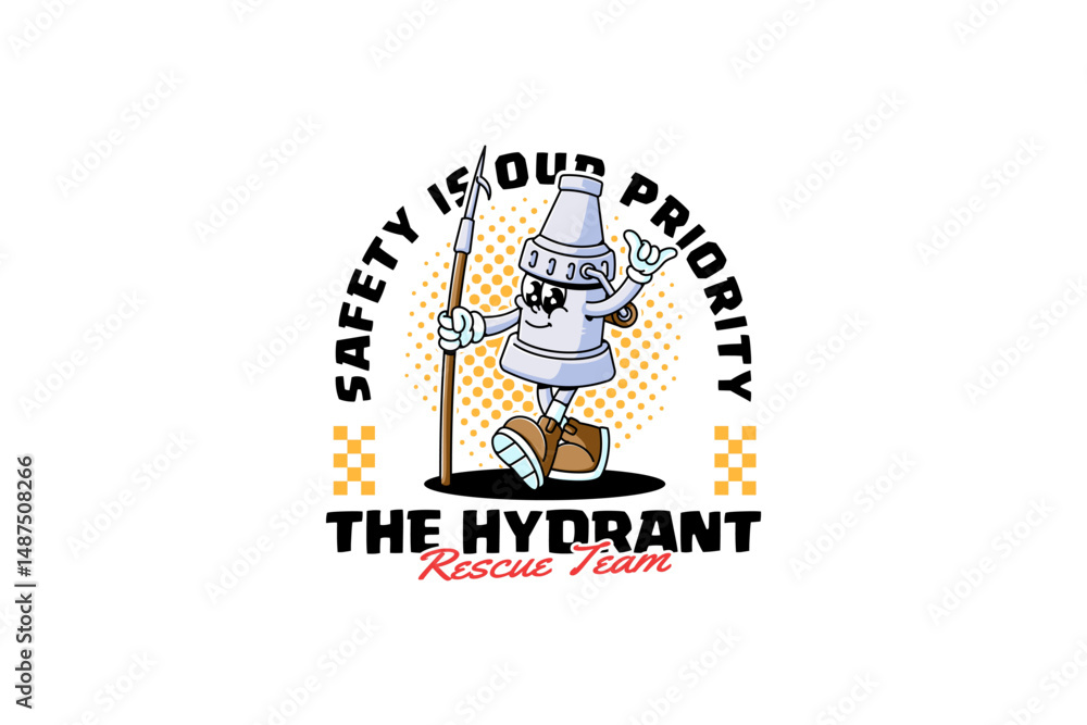 Fototapeta premium firefighter hose, spray watering gun, fire hose nozzle retro cartoon character mascot illustration with walking and holding halligan bar for fireman, rescuer, survivor team mascots and merchandise