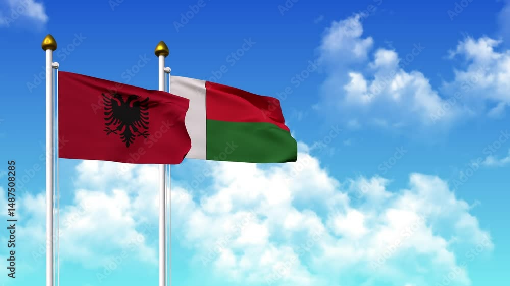 Waving flags of ALBANIA and MADAGASCAR on pole included with alpha channel Waving flags of ALBANIA and MADAGASCAR on pole included with alpha channel