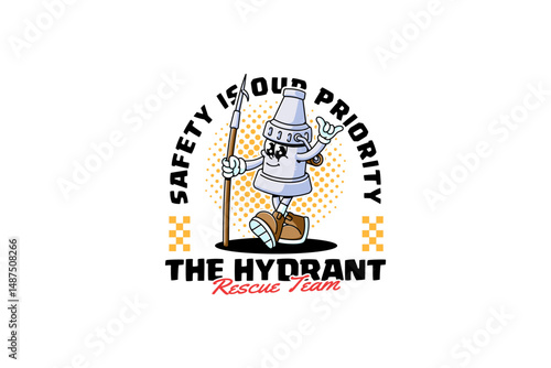 firefighter hose, spray watering gun, fire hose nozzle retro cartoon character mascot illustration with walking and holding halligan bar for fireman, rescuer, survivor team mascots and merchandise