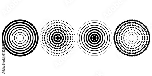 Black concentric circle set. Sonar or sound wave ring collection. Dotted and linear epicentre, target, radar icon concept. Ripple radial signal or vibration elements. Vector line and halftone symbols