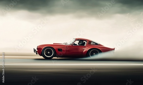 A red classic race car drifts powerfully on a racetrack, generating tire smoke in motion, against a cloudy backdrop.