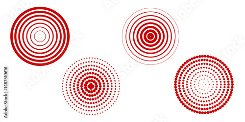 Black concentric circle set. Sonar or sound wave ring collection. Dotted and linear epicentre, target, radar icon concept. Ripple radial signal or vibration elements. Vector line and halftone symbols
