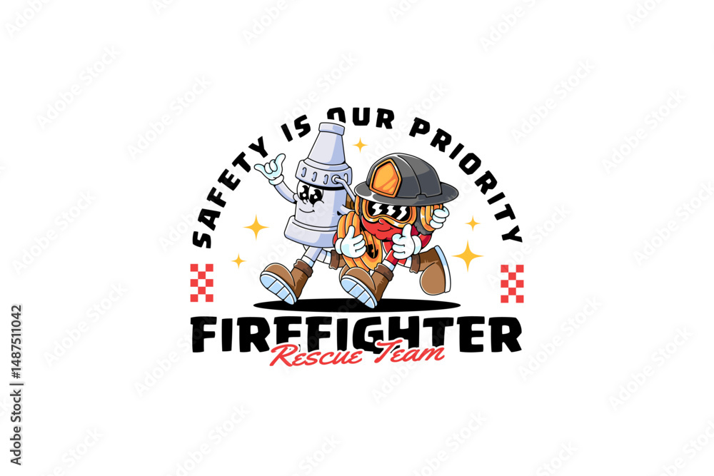 Fototapeta premium fire hose nozzle and firefighter safety helmet retro cartoon character mascot illustration with walking, holding fire hose, show peace hand for fireman, rescuer, survivor team mascots and merchandise