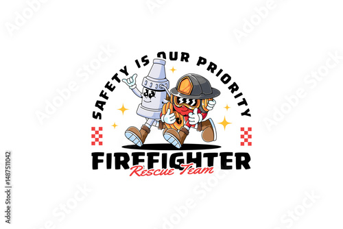 fire hose nozzle and firefighter safety helmet retro cartoon character mascot illustration with walking, holding fire hose, show peace hand for fireman, rescuer, survivor team mascots and merchandise