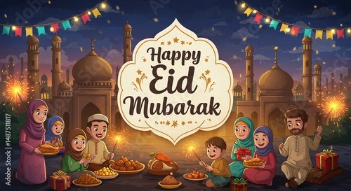 Happy Eid Mubarak Celebration with Traditional Lanterns and Festive Background