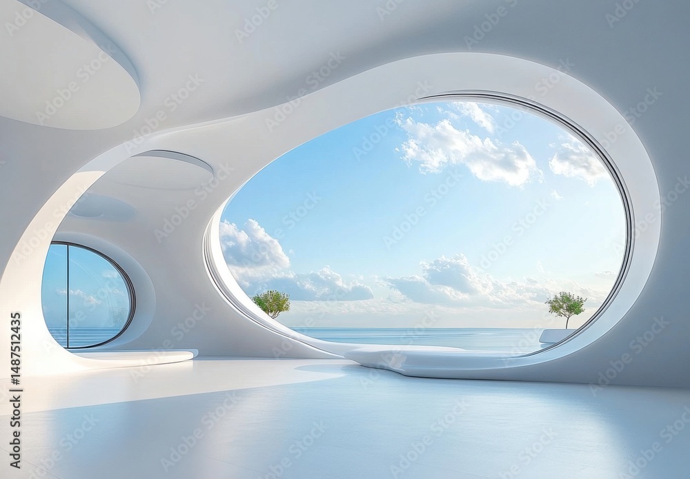 Fototapeta premium Modern White Interior with Ocean View and Organic Windows
