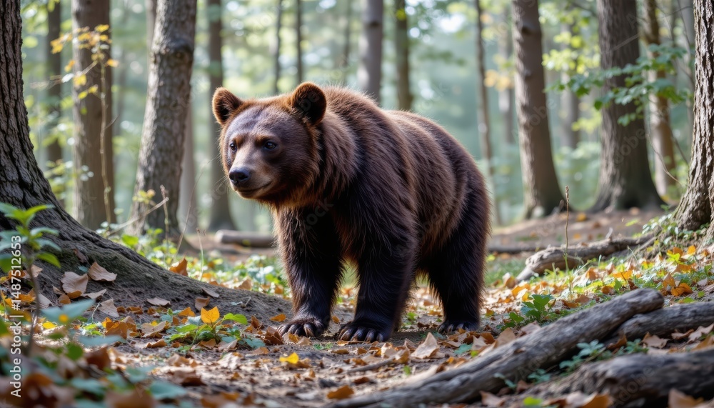 Fototapeta premium Brown Bear Exploring a Sunlit Forest Surrounded by Autumn Leaves and Trees