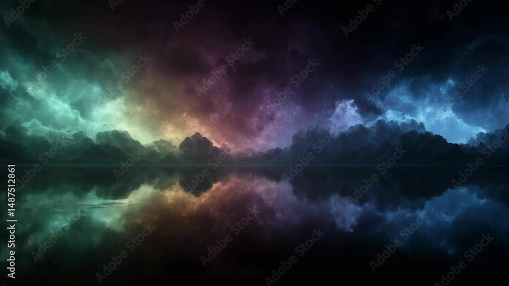 reflection of rainbow cloud with light glowing on the still water surface, surreal dreamy landscape reflection of rainbow cloud with light glowing on the still water surface, surreal dreamy landscape