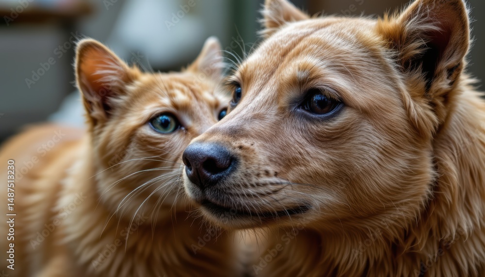 Close-up of a Playful Dog and Cat Companions in a Home Environment with Warm Lighting Close-up of a Playful Dog and Cat Companions in a Home Environment with Warm Lighting