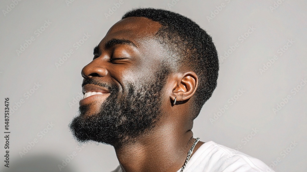 Obraz premium Young Man Laughing with Closed Eyes in Profile View