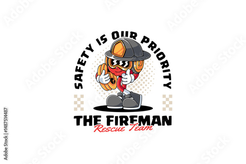 fireman safety helmet retro cartoon character mascot illustration with standing, wearing glasses, holding fire hose, showing thumb up hand for firefighter, rescuer, survivor mascots and merchandise