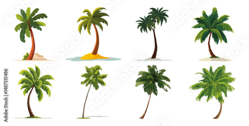 Set of  Bent palm tree Flat Vector Illustration on Transparent Background