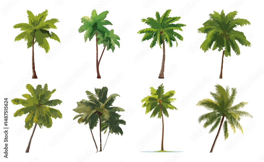 Obraz premium Set of Coconut palm tree Flat Vector Illustration on Transparent Background