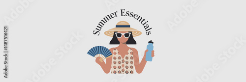 Person in summer attire holding fan and water bottle – Ideal for heat safety content, travel blogs, or summer wellness tips