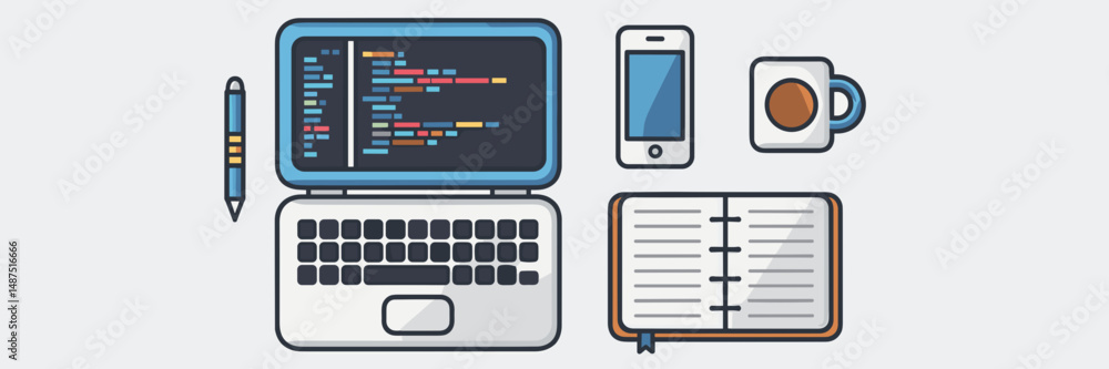Vector sheet icon of business essentials with laptop showing coding, smartphone, pen, notebook, and coffee mug – Ideal for tech, digital marketing, or office materials. Vector sheet icon of business essentials with laptop showing coding, smartphone, pen, notebook, and coffee mug – Ideal for tech, digital marketing, or office materials.